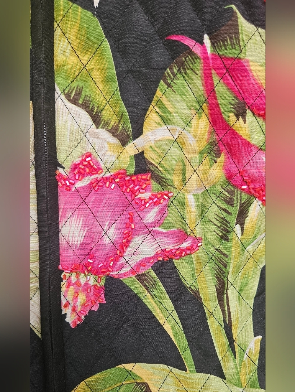 Silkland Jacket 100% Sill Womens P Small Quilted Floral Foliage Beaded Flowers - Picture 4 of 13